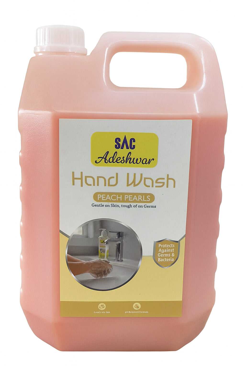 SAC Adeshwar Peach Pearls Hand Wash Liquid with a refreshing lemon fragrance for effective hand hygiene.